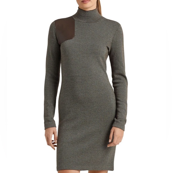 NWT Lauren Ralph Lauren Wool Turtleneck Leather Patch Green Sweater Dress 1X New - Picture 1 of 9